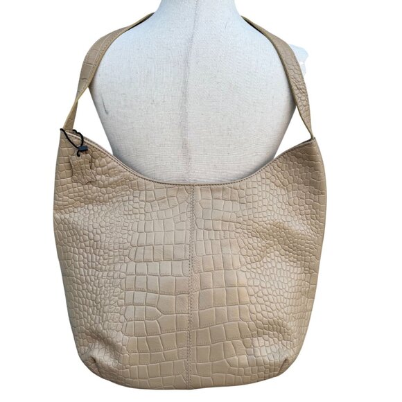 Crocodile-Embossed Genuine Leather Tote Bag Tan Multiple Pockets Zipper Closure - Picture 3 of 9